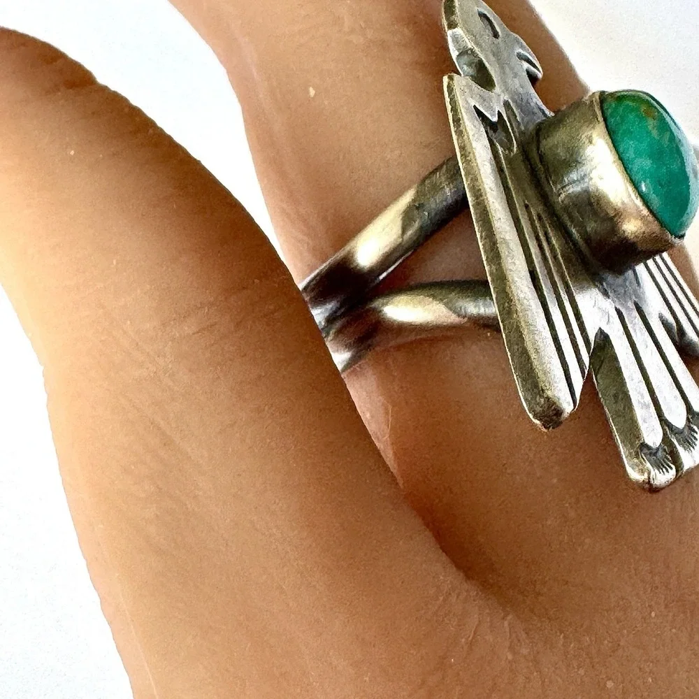 Navajo Mens Turquoise Band Blue Golden Hills Sz 10 Ring 14mm Signed AT Native